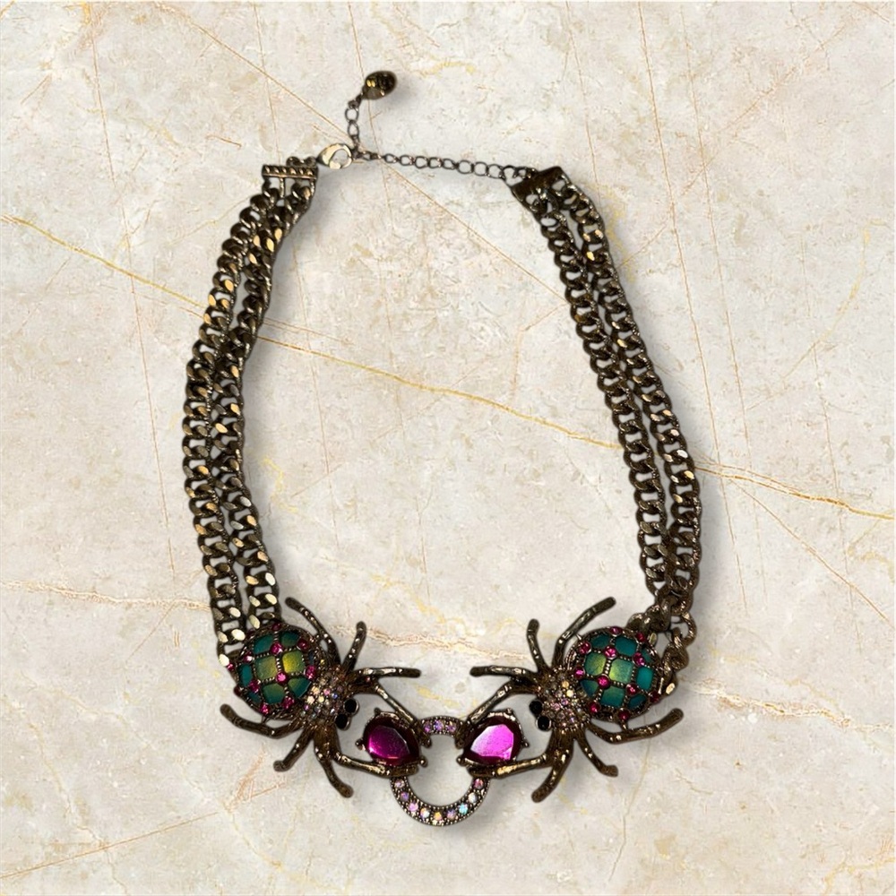 Vintage Rare Betsey Johnson Spider Necklace with Green & Purple Accents HOLD